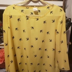 Plus Size, Yellow sheer shirt w/ blue birds
